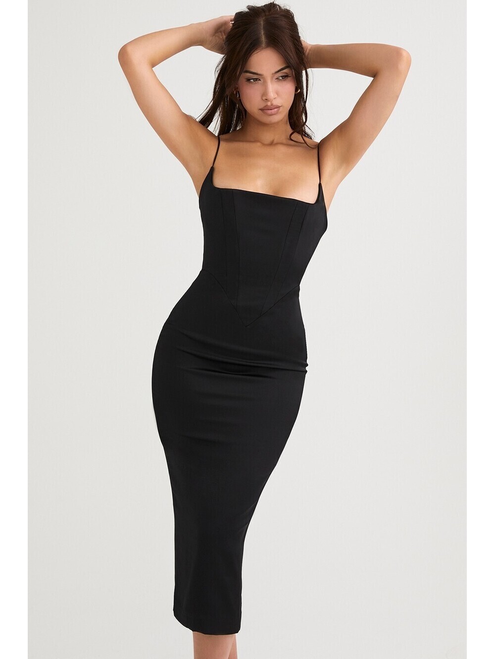 HOUSE OF CB Anais Black Satin Corset Midi Dress Sz XL Excellent Condition #1022